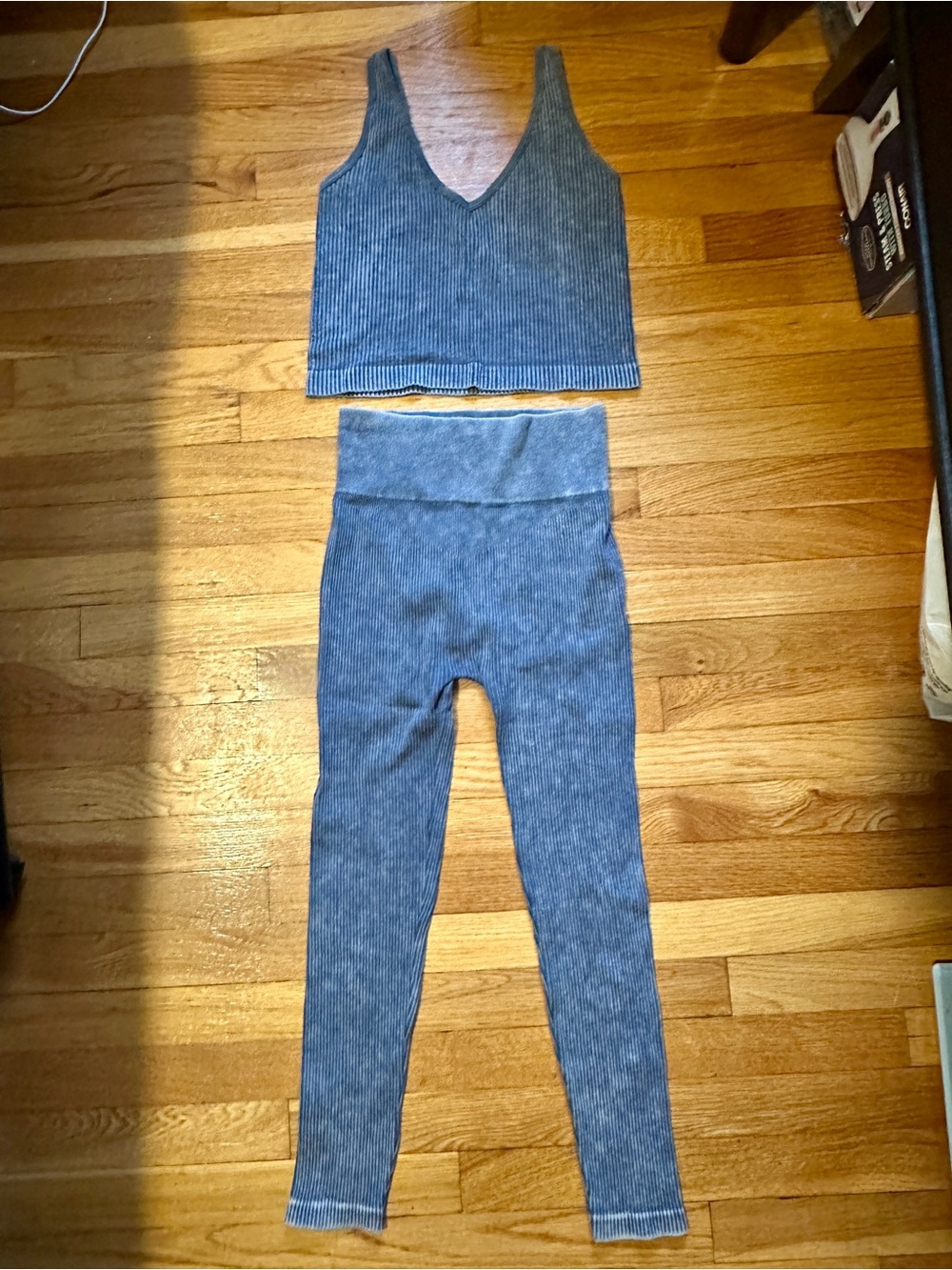 AURA Ribbed Knit 2-Piece Set V-Neck Tank & Leggings Stretch Steel Blue M